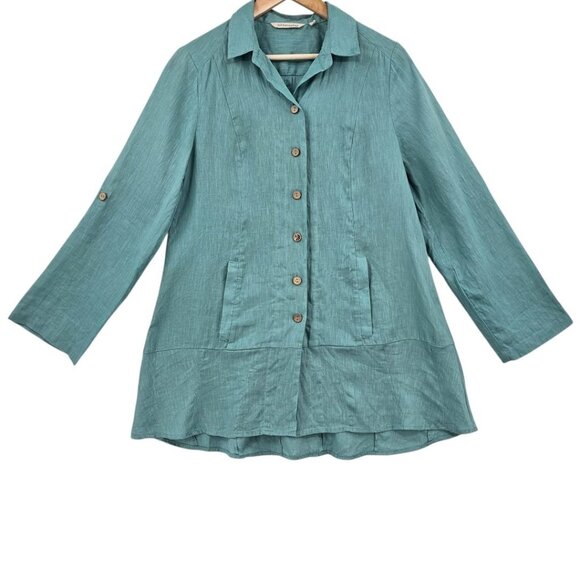 Soft Surroundings Womens S Island Breeze Lagenlook‎ Turquoise Linen Top - Picture 1 of 12
